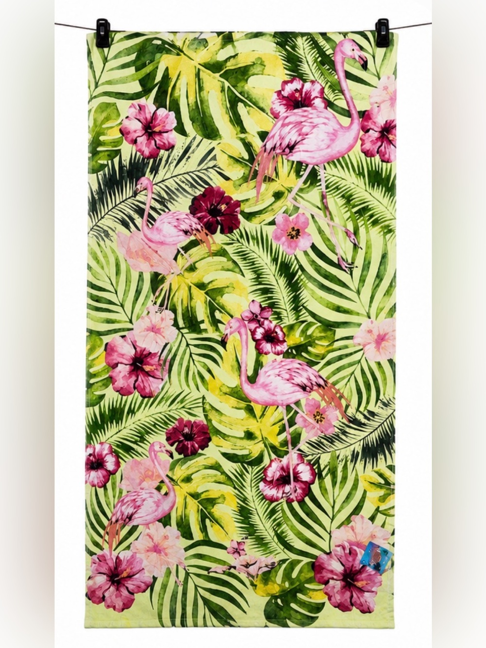 Tropical Flamingo Print Beach Towel - Pink & Green 35”x60”